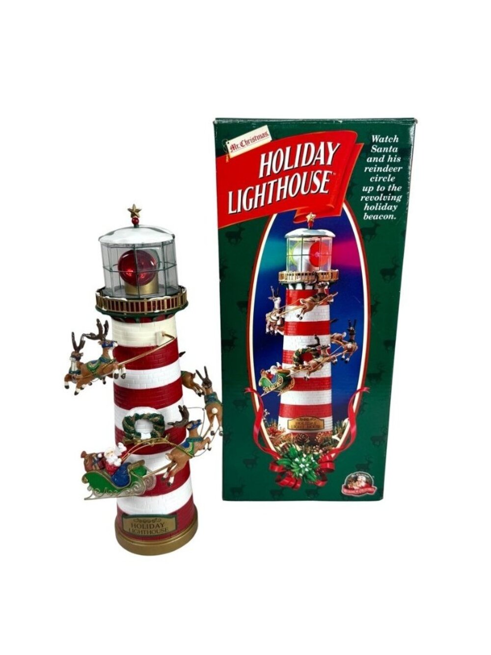 Mr. Christmas Holiday Lighthouse Rotating Lights Up Santa 12" Tested & Works